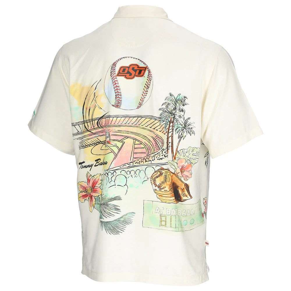 Men's Tommy Bahama Cream Oklahoma State Cowboys Paradise Fly Ball Camp Button-Up Shirt