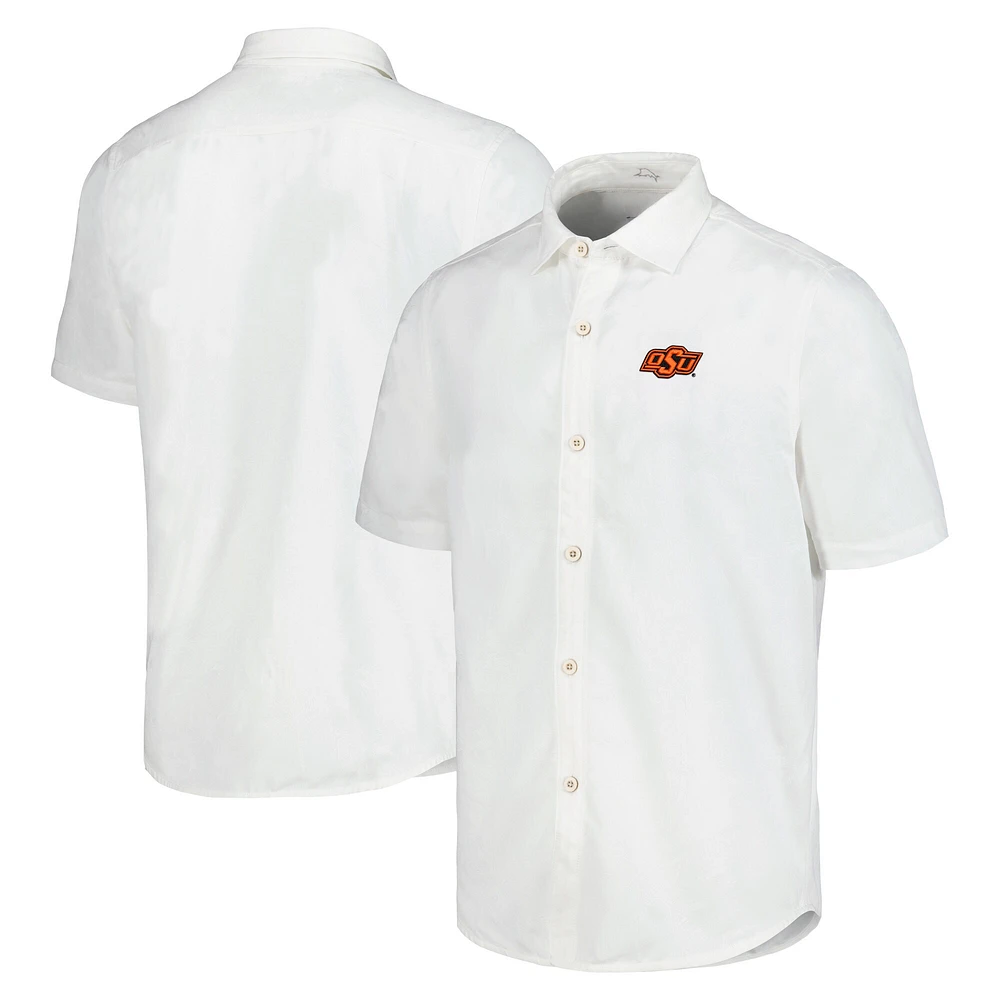 Chemise boutonnée Tommy Bahama pour hommes, Oklahoma State Cowboys, Coconut Point, Palm Vista, IslandZone Camp, blanche