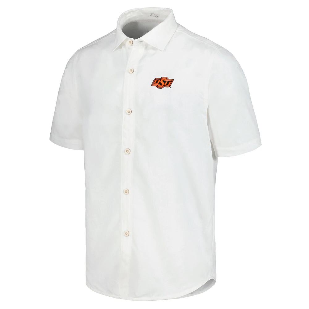 Men's Tommy Bahama White Oklahoma State Cowboys Coconut Point Palm Vista IslandZone Camp Button-Up Shirt