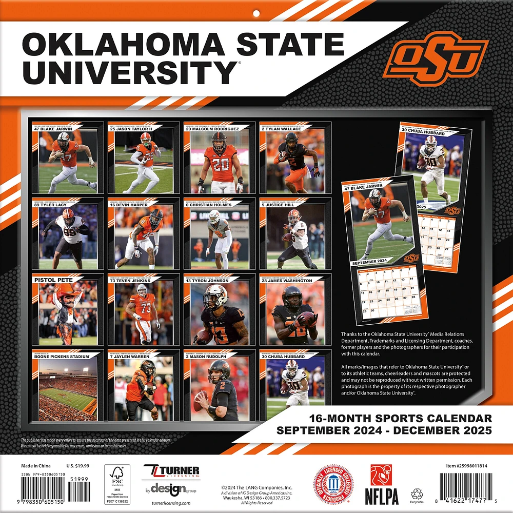 Calendrier mural de l'équipe Oklahoma State Cowboys 2024-2025 12" x 12"