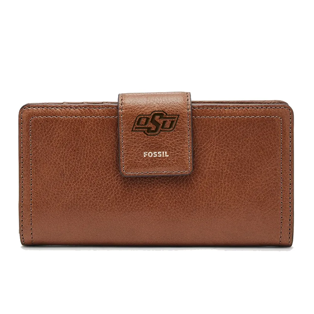 Oklahoma State Cowboys Fossil Women's Leather Logan RFID Tab Clutch - Brown