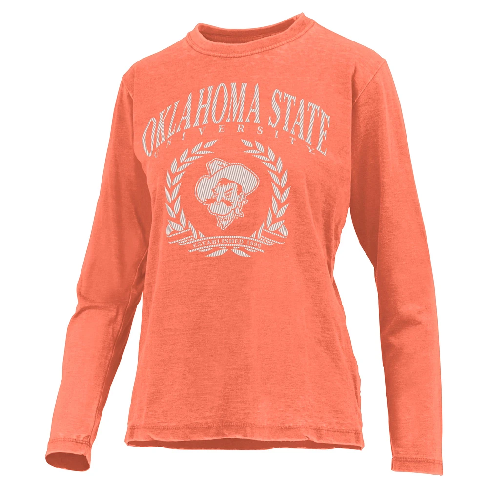 T-shirt à manches longues pour femmes Pressbox orange Oklahoma State Cowboys Chandler Olive Leaf Arch