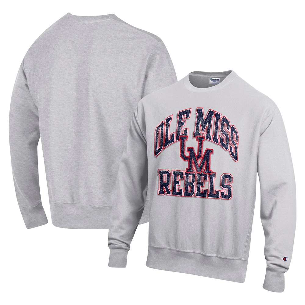 Men's Champion Heather Gray Ole Miss Rebels Vault Late Night Reverse Weave Pullover Sweatshirt