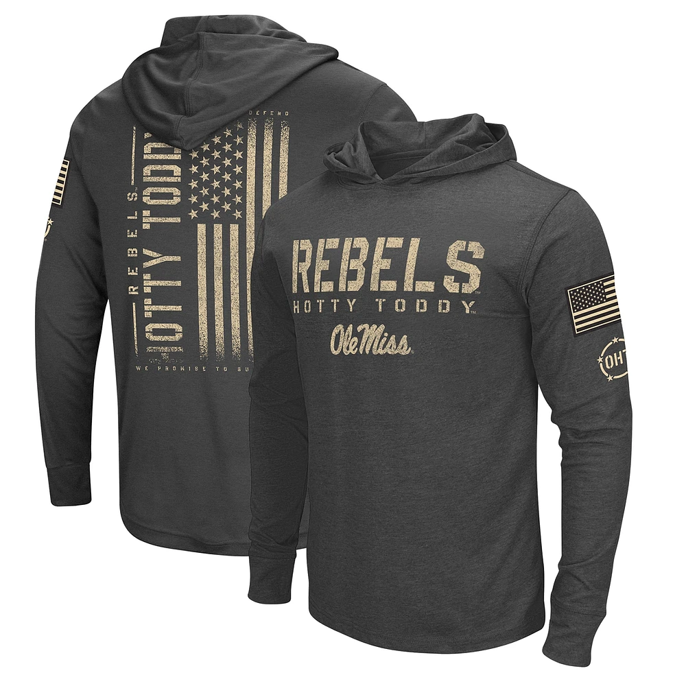 T-shirt à capuche manches longues pour hommes Colosseum Heather Black Ole Miss Rebels Team OHT Military Appréciation