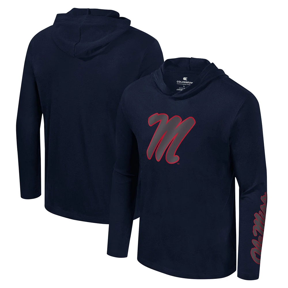 Men's Colosseum Navy Ole Miss Rebels Color Pop Active Blend 2-Hit Long Sleeve Hooded T-Shirt