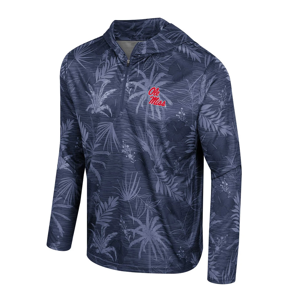 Men's Colosseum Navy Ole Miss Rebels Palms Printed Lightweight Quarter-Zip Hooded Top