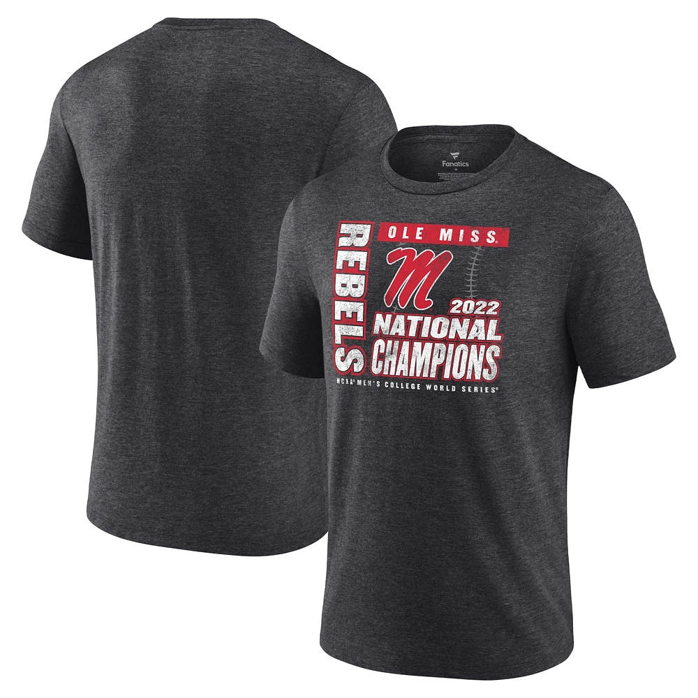 Men's Fanatics Heathered Charcoal Ole Miss Rebels 2022 NCAA Baseball College World Series Champions Pitching Mound Tri-Blend T-Shirt