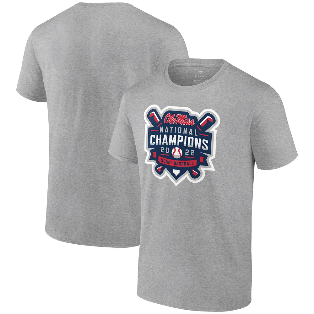 Men's Fanatics Heathered Gray Ole Miss Rebels 2022 NCAA Baseball College World Series Champions Official Logo T-Shirt