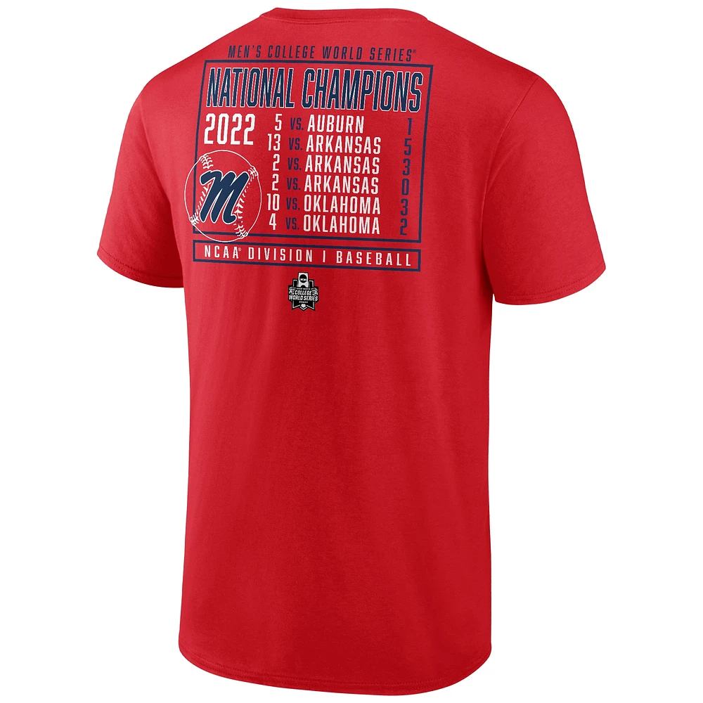 T-shirt Fanatics Red Ole Miss Rebels 2022 NCAA pour hommes Baseball College World Series Champions Signal Schedule