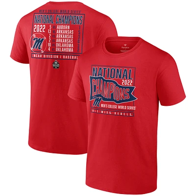 T-shirt Fanatics Red Ole Miss Rebels 2022 NCAA pour hommes Baseball College World Series Champions Signal Schedule