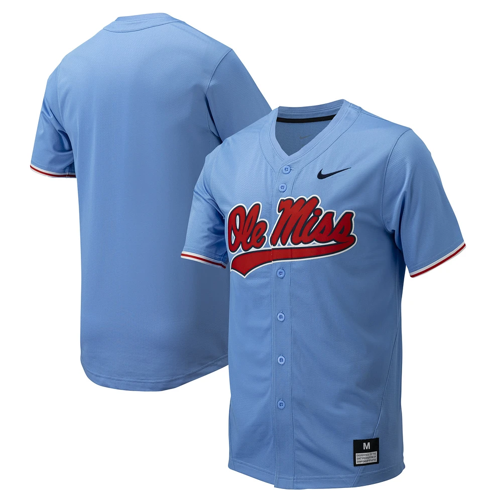 Maillot de baseball réplique à boutons complets Nike Ole Miss Rebels bleu poudré pour homme