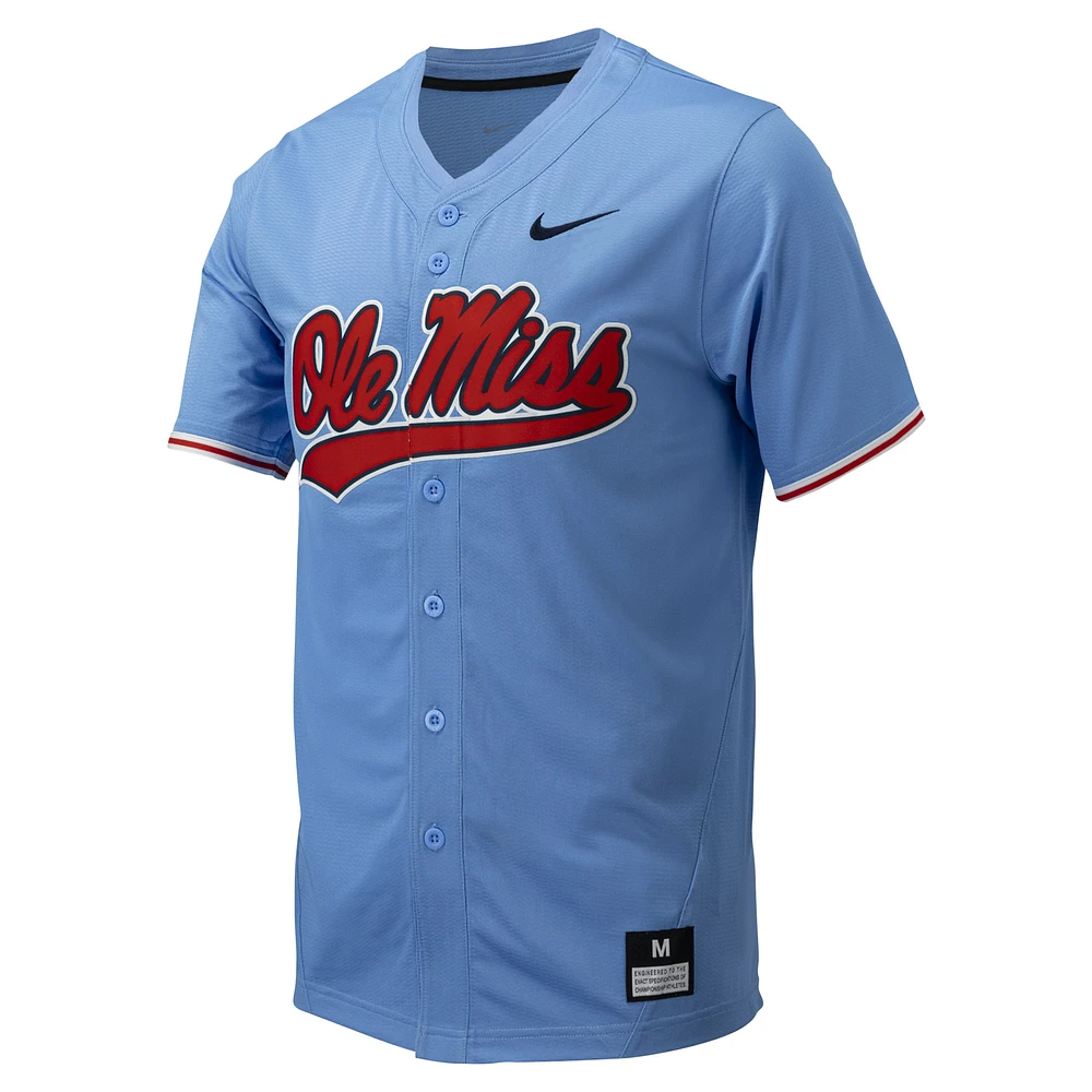 Maillot de baseball réplique à boutons complets Nike Ole Miss Rebels bleu poudré pour homme