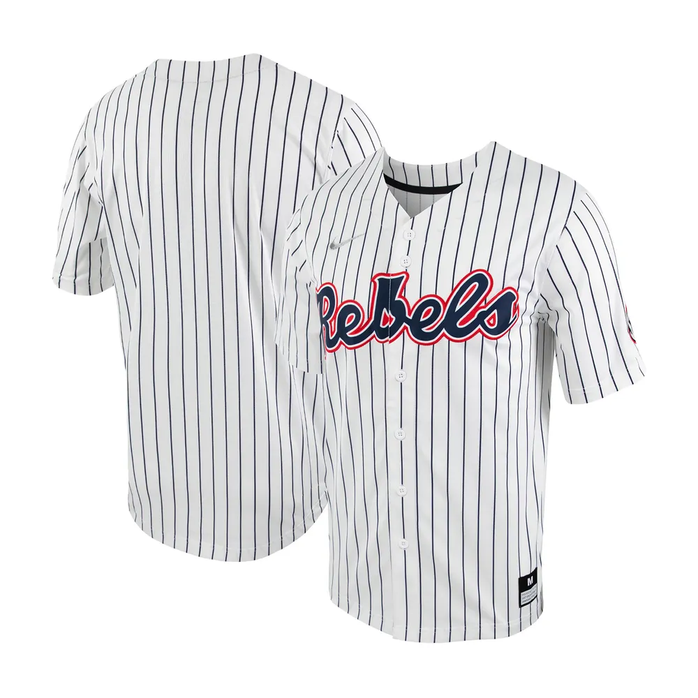 Maillot de baseball Nike Ole Miss Rebels à fines rayures pour homme, blanc/bleu marine, réplique boutons complets