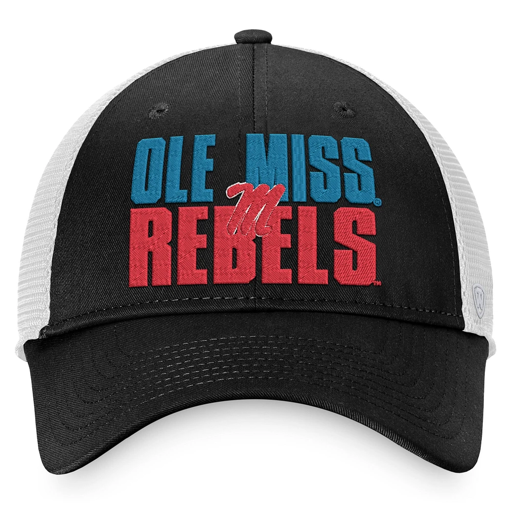 Men's Top of the World Black/White Ole Miss Rebels Stockpile Trucker Snapback Hat