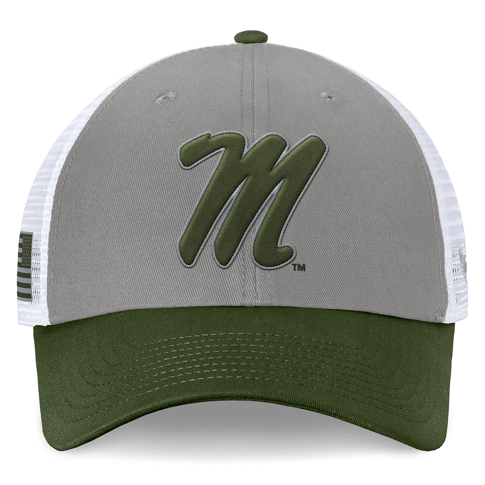 Men's Top of the World Gray/Green Ole Miss Rebels OHT Military Appreciation Badge Trucker Adjustable Hat