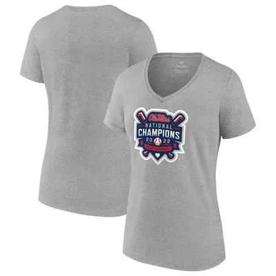 Ole Miss Rebels Fanatics Branded Women's 2022 NCAA Men's Baseball College World Series Champions Official Logo V-Neck T-Shirt - Heathered Gray