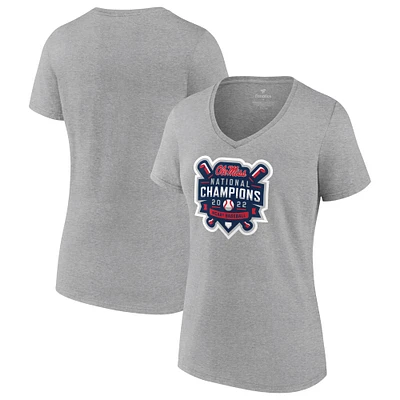 Women's Fanatics Heathered Gray Ole Miss Rebels 2022 NCAA Men's Baseball College World Series Champions Official Logo V-Neck T-Shirt