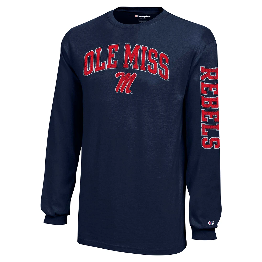 Youth Champion Navy Ole Miss Rebels Distressed Arch Over Logo Long Sleeve T-Shirt