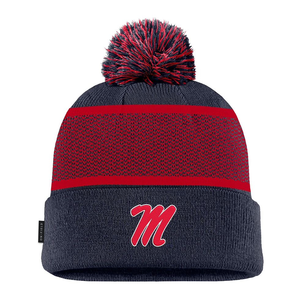 Youth Nike Navy Ole Miss Rebels 2024 Sideline Peak Cuffed Knit Hat with Pom