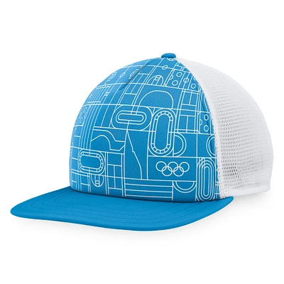 Casquette snapback de camionneur à cinq panneaux bleue Jeux olympiques Fanatics pour hommes