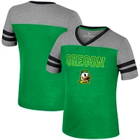 T-shirt d'été rayé à col en V pour filles Colosseum vert/gris chiné Oregon Ducks