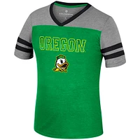 T-shirt d'été rayé à col en V pour filles Colosseum vert/gris chiné Oregon Ducks