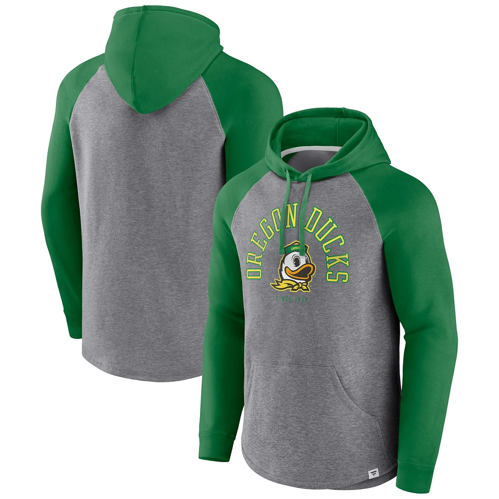 Men's Fanatics Green/Heather Gray Oregon Ducks Wrap Up Raglan Pullover Hoodie