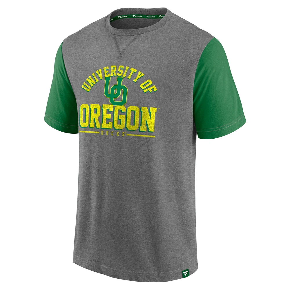 Men's Fanatics Heather Gray/Green Oregon Ducks Block Party Ringer T-Shirt