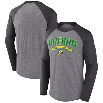 Men's Fanatics Heather Gray/Heather Charcoal Oregon Ducks Heritage Banner Year Tri-Blend Long Sleeve T-Shirt