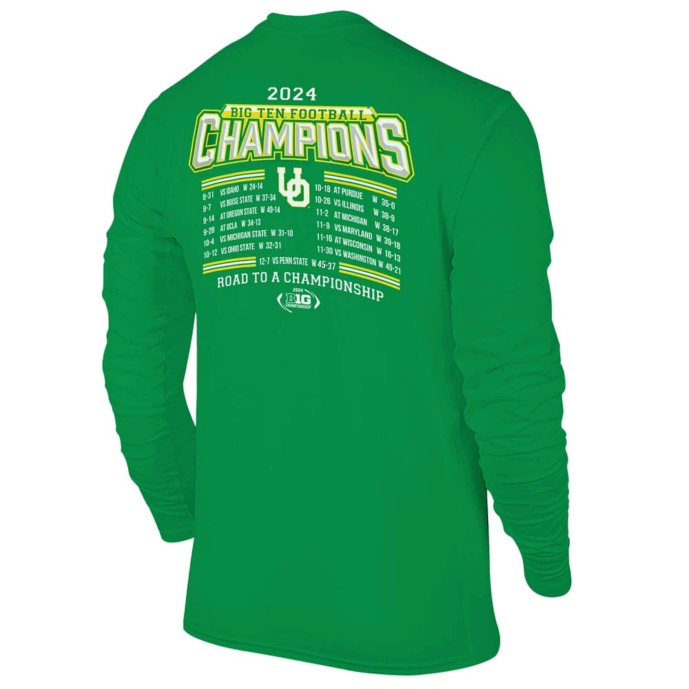 T-shirt à manches longues vert pour homme Oregon Ducks 2024 Big Ten Football Conference Champions Undefeated Schedule