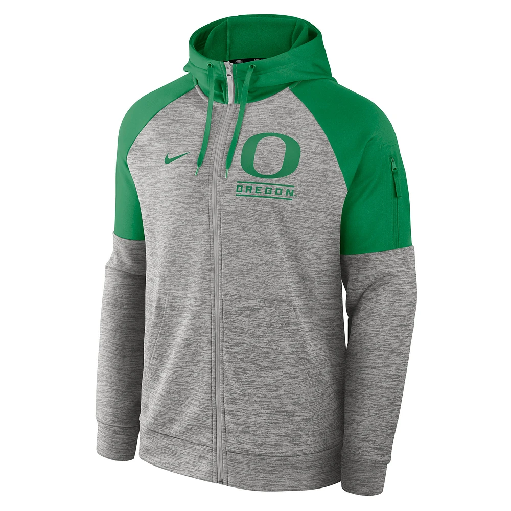 Sweat à capuche Nike Heather Grey Oregon Ducks Fitness Performance entièrement zippé pour homme