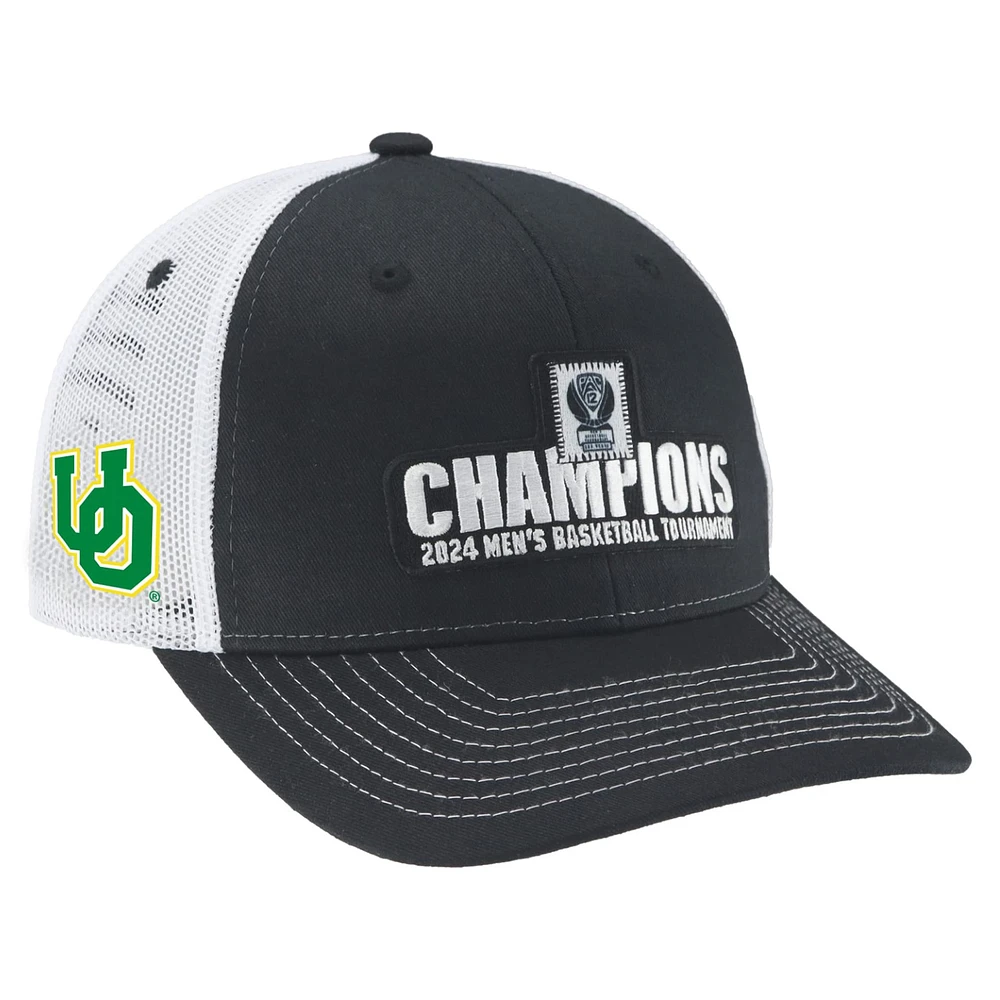 Casquette de camionneur réglable Zephyr Black Oregon Ducks 2024 Pac-12 pour hommes, tournoi de conférence de basket-ball, Champions de vestiaire