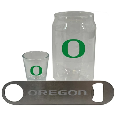 Ensemble de trois verres à bière Oregon Ducks de The Memory Company, verre à liqueur de 2 oz et décapsuleur