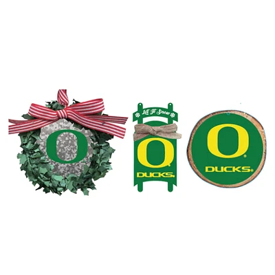 The Memory Company Oregon Ducks Three-Pack Wreath, Sled & Circle Ornament Set