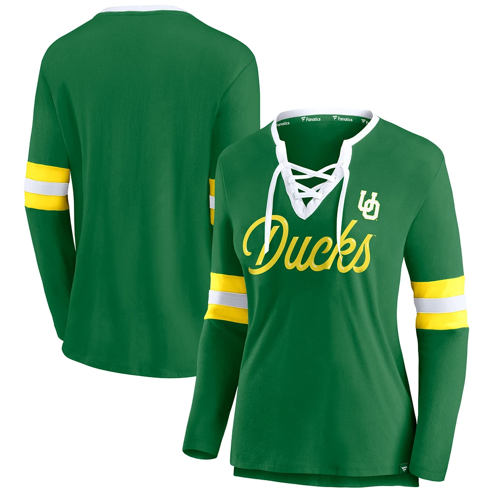 Women's Fanatics  Apple Green Oregon Ducks Block Party Script Lace-Up V-Neck Long Sleeve T-Shirt