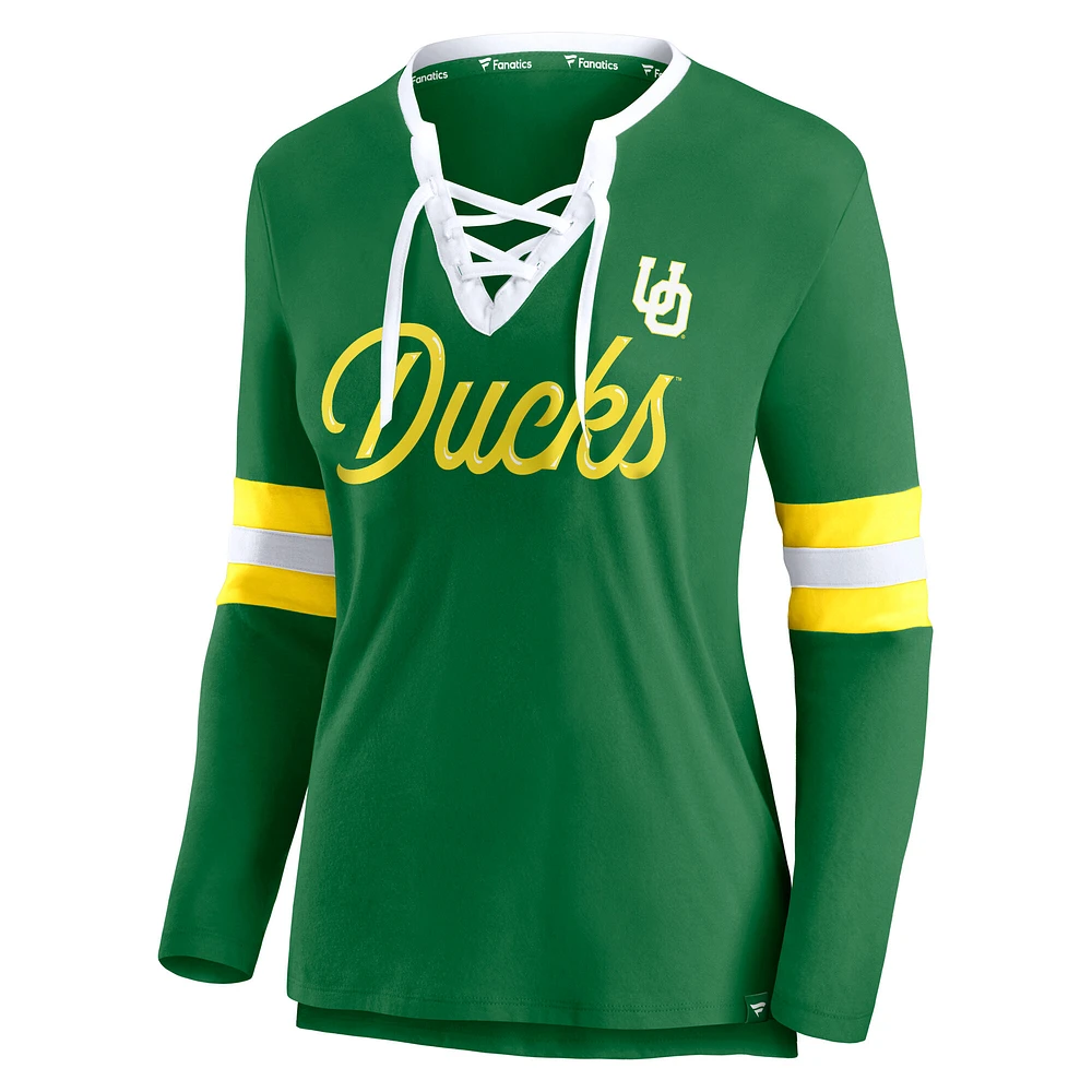 Women's Fanatics  Apple Green Oregon Ducks Block Party Script Lace-Up V-Neck Long Sleeve T-Shirt