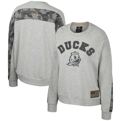 Women's Colosseum Heather Gray Oregon Ducks OHT Military Appreciation Flag Rank Dolman Pullover Sweatshirt