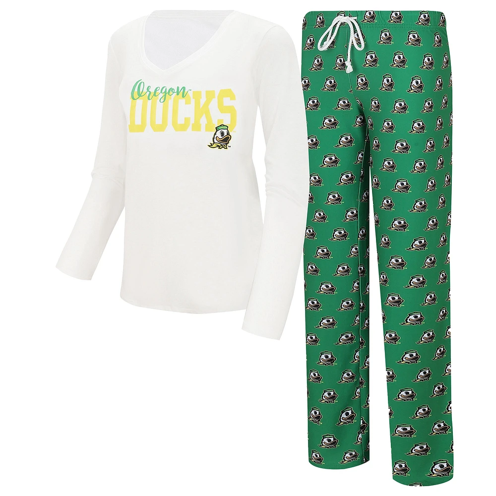 Concepts Sport Oregon Ducks T-shirt à col en V manches longues et pantalon jauge pour femme Blanc/vert