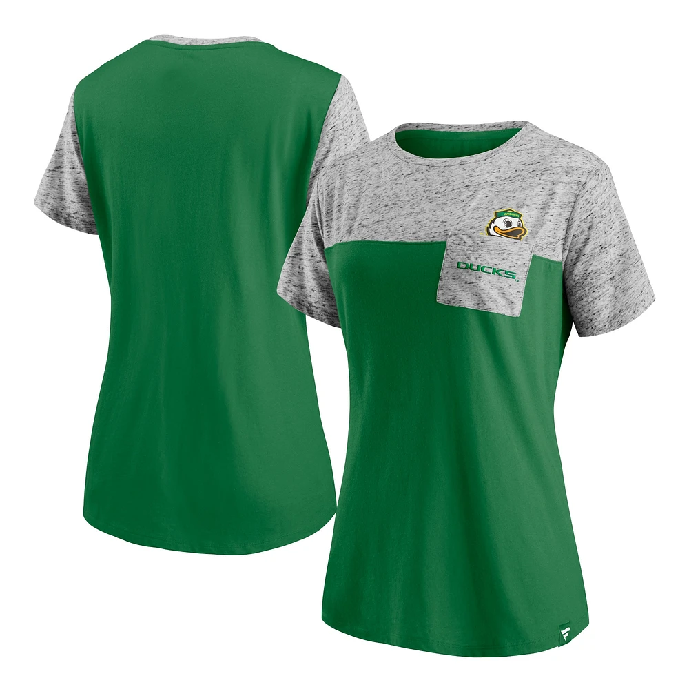 T-shirt à poche intérieure Fanatics vert/gris chiné pour femme des Oregon Ducks