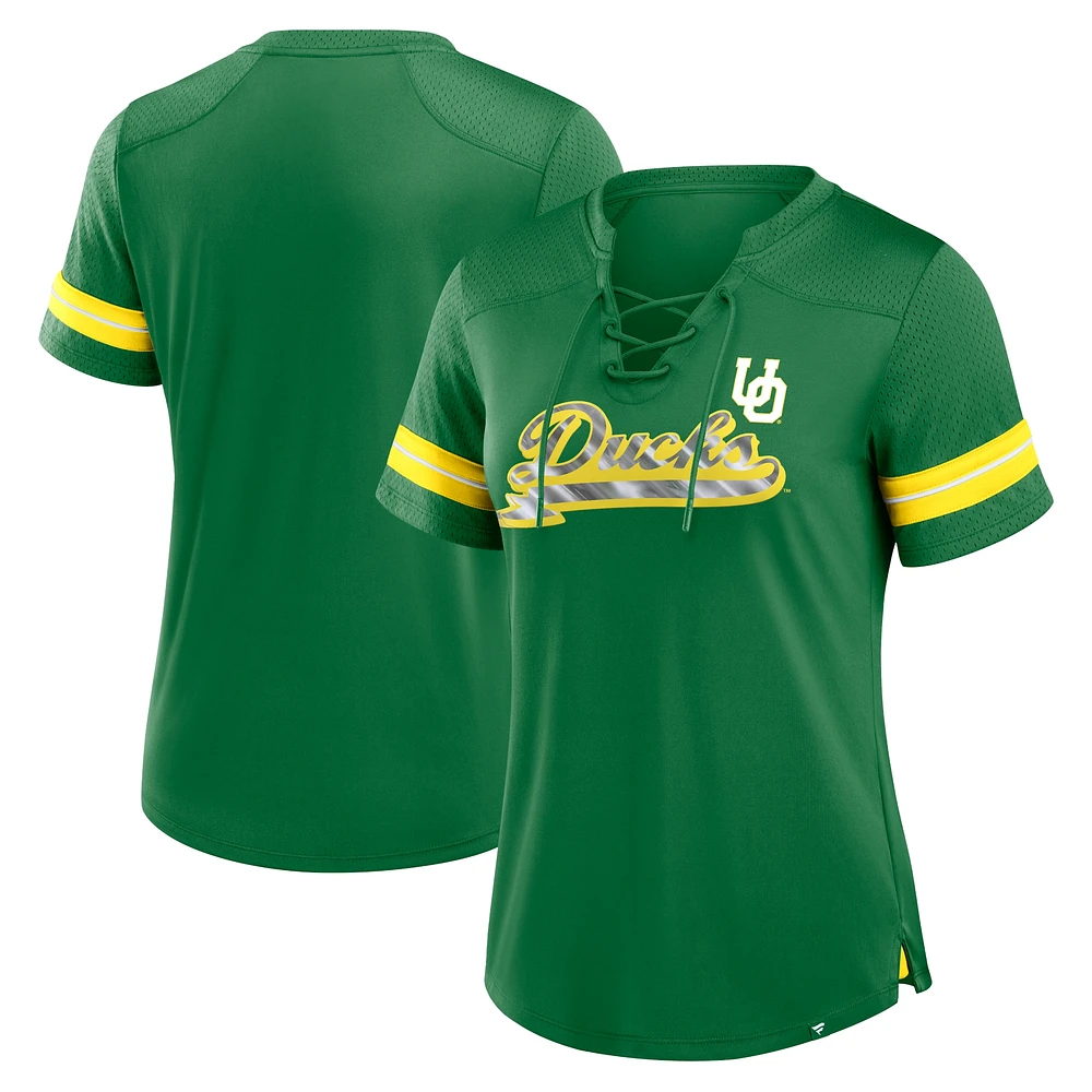 T-shirt à lacets et col en V Athena pour femme Fanatics Green Oregon Ducks Fundamental Overtime Readiness