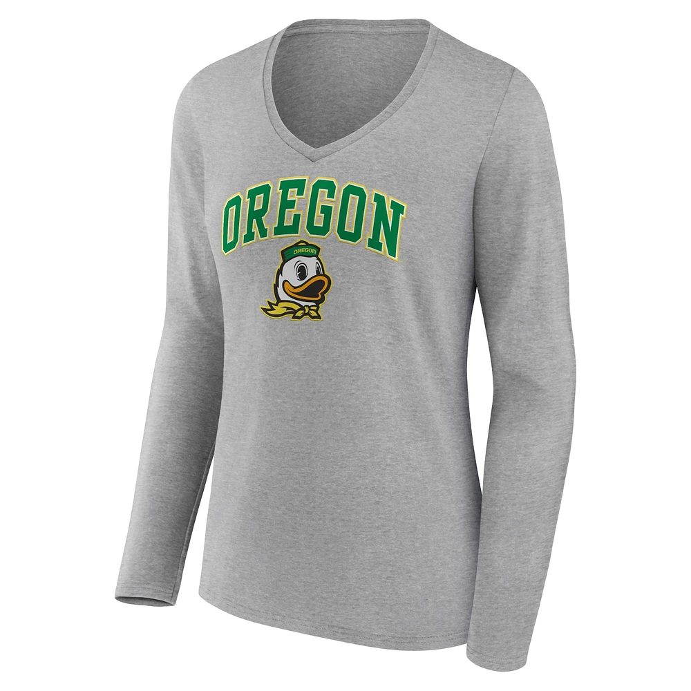 T-shirt à manches longues et col en V pour femme Fanatics Heather Grey Oregon Ducks Campus