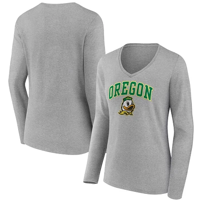 Women's Fanatics Heather Gray Oregon Ducks Campus Long Sleeve V-Neck T-Shirt