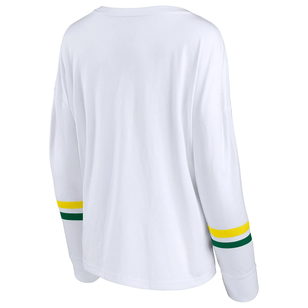 T-shirt à manches longues rayé rétro Power Fanatics pour femmes, blanc, Oregon Ducks