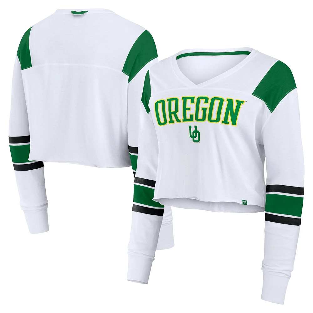 Haut court à manches longues et col en V pour femme Fanatics White Oregon Ducks Training Camp