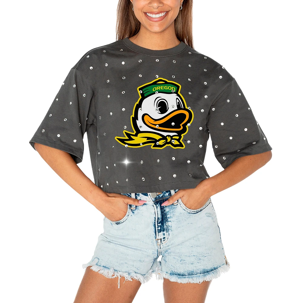 T-shirt court à strass Gameday Couture gris pour femme des Oregon Ducks Go Time