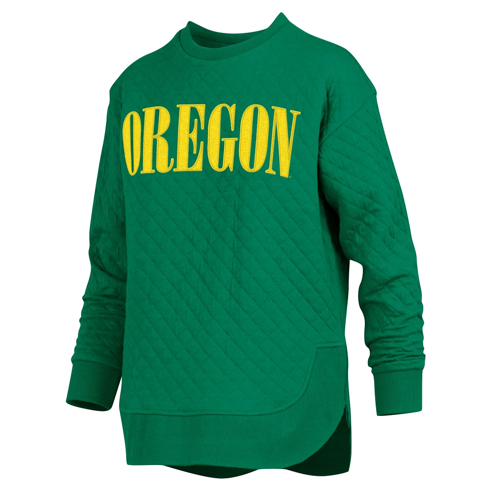 Women's Pressbox Green Oregon Ducks Quilted Long Sleeve Pullover Sweatshirt