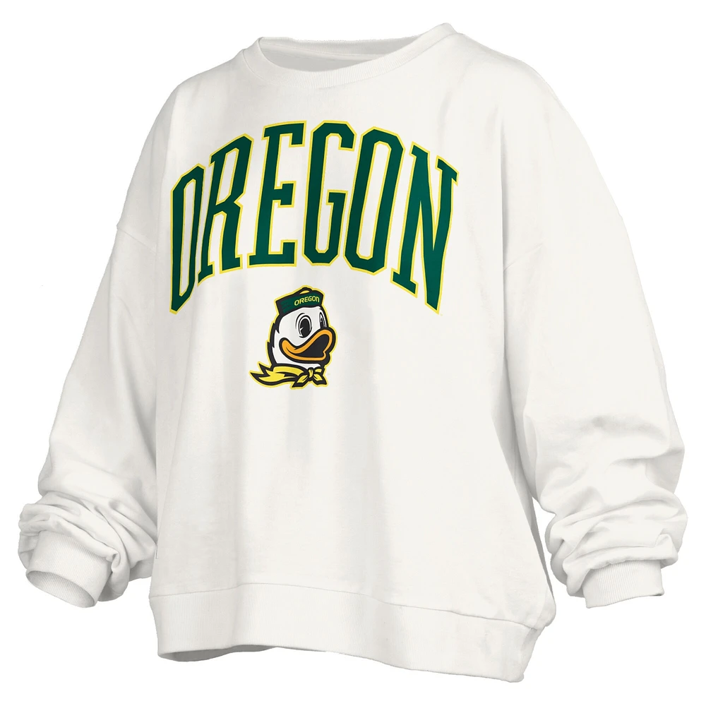 Women's Pressbox Oregon Ducks Janise Arch Over Logo Waist Length Oversized Pullover Sweatshirt