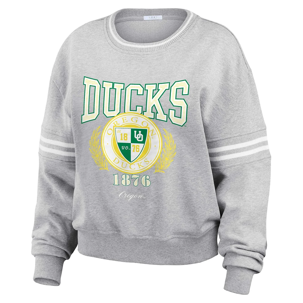 Women's WEAR by Erin Andrews Heather Gray Oregon Ducks Classic Stripe Pullover Sweater