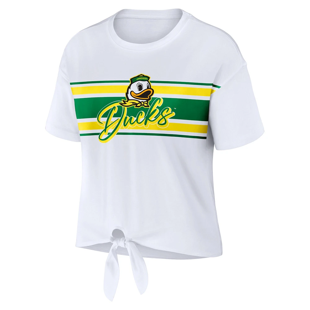 Women's WEAR by Erin Andrews White Oregon Ducks Striped Front Knot Cropped T-Shirt