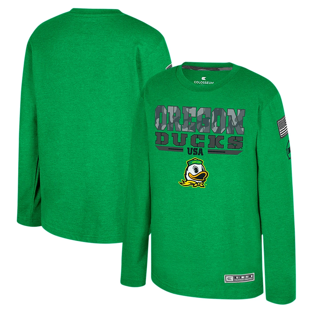 T-shirt à manches longues Oorah d'appréciation militaire OHT du Youth Colosseum Heather Green Oregon Ducks